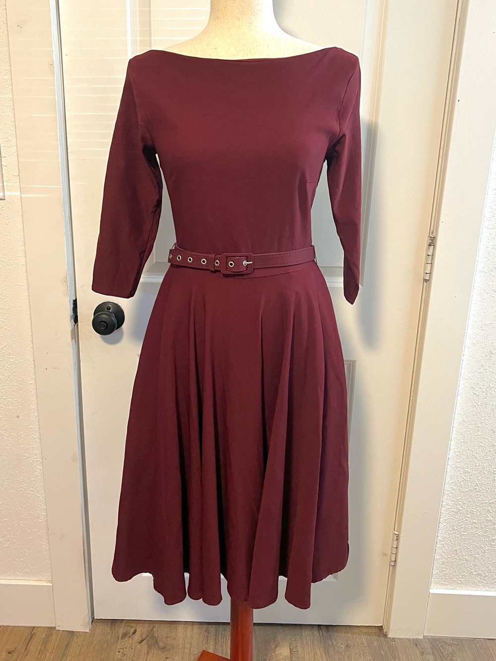 Unique Vintage Devon Swing Style Bateau Neck Belted Burgundy Dress